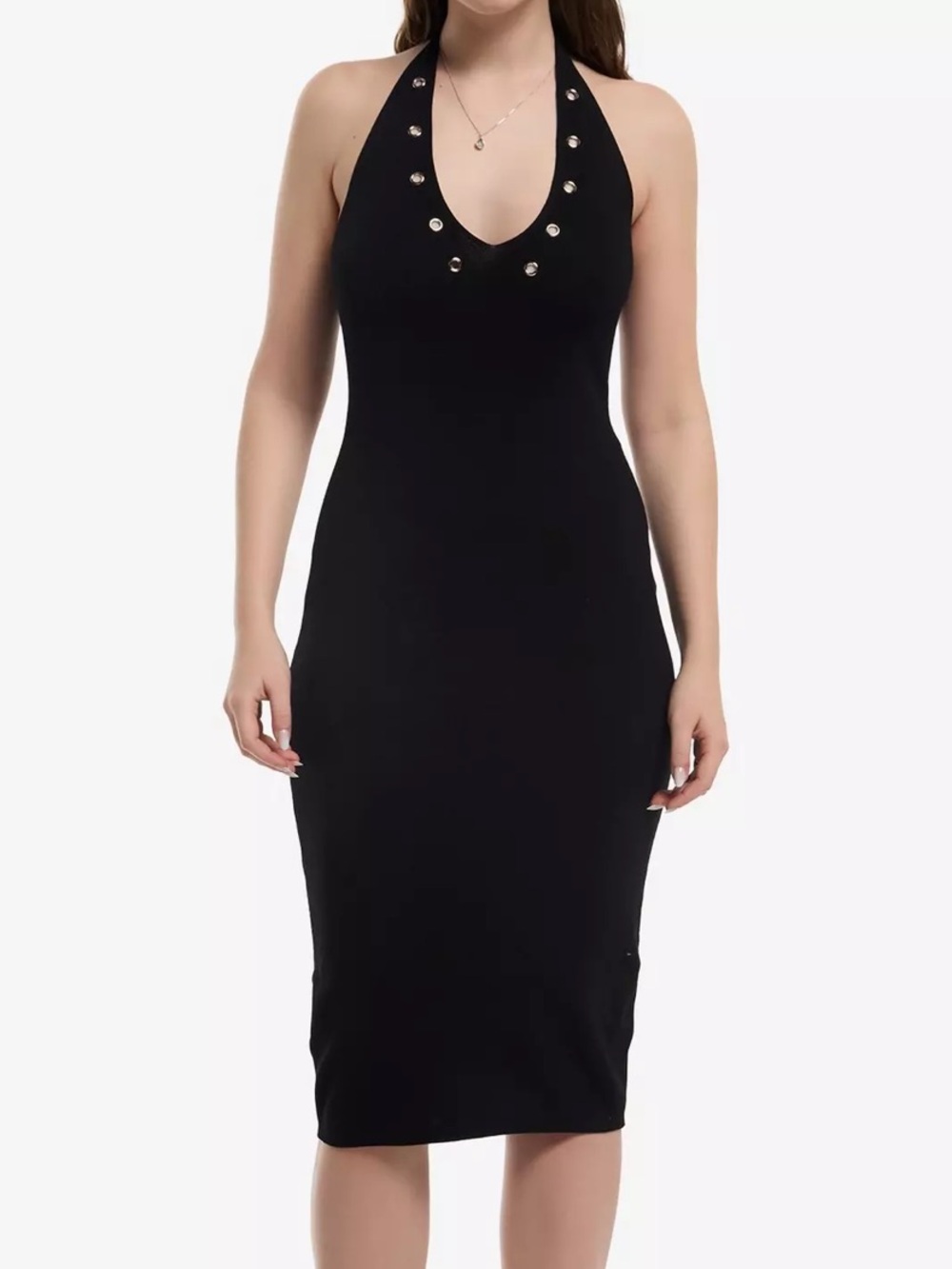 Derek Heart Black Halter Midi Dress with Grommet Detail